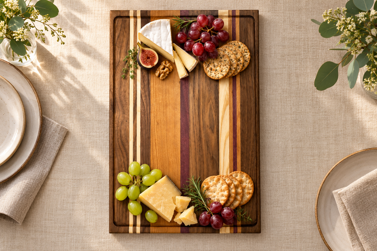 AI-generated in-use concept: CBO Yale Raised Serving Board. Unbranded illustration; not customer photography.