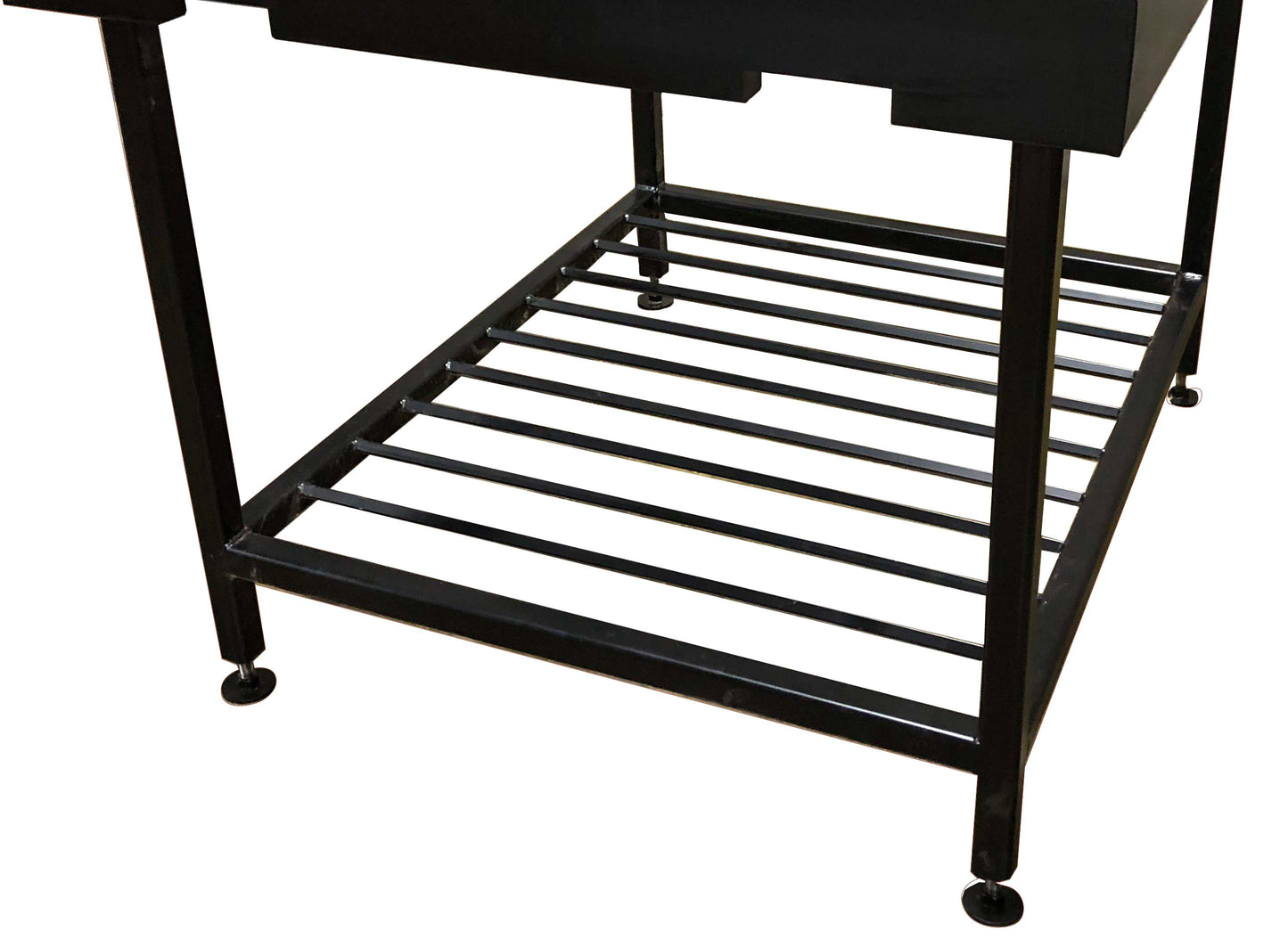 A close-up view of the lower part of a black metal table equipped with the CBO-1000 Legs by Chicago Brick Oven. The table features thin, cylindrical steel leg stands and a slatted shelf at the bottom composed of horizontal bars. For added stability, it comes with adjustable leveling legs.