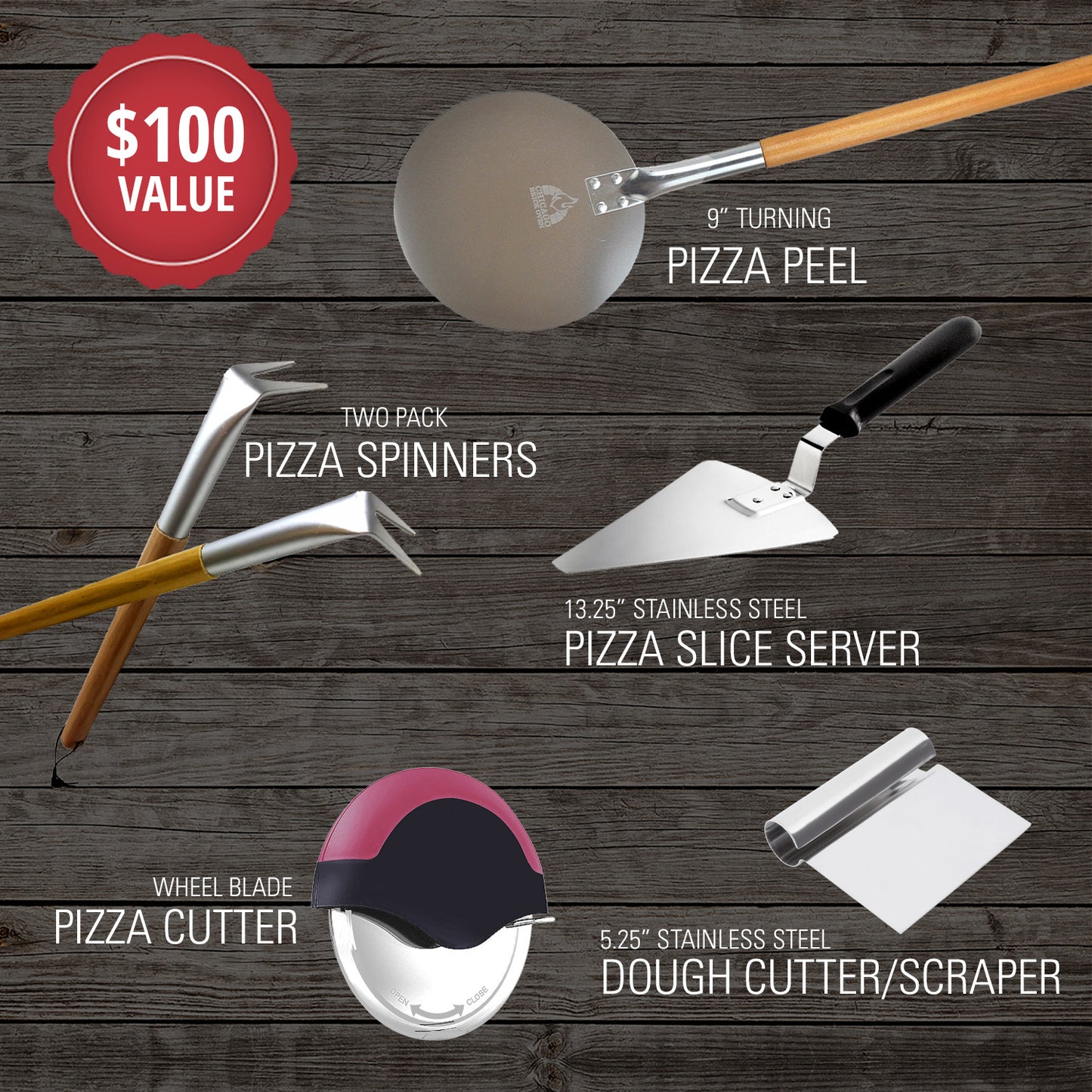 The AO Essential Accessories Package by Chicago Brick Oven, a $100 value set, is displayed on a wooden background. This package includes a 9" pizza peel, a two-pack of pizza spinners, a 13.25" pizza slice server, a wheel blade pizza cutter, and a 5.25" stainless steel dough scraper for perfect slices every time.