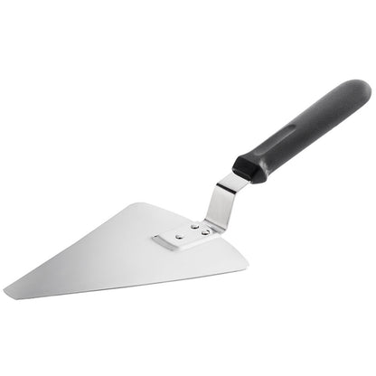 The AO Essential Accessories Package from Chicago Brick Oven includes a stainless steel triangular spatula featuring a black plastic handle. The spatula's sharp, pointed edge is ideal for spreading or slicing tasks, making it perfect as a dough scraper. Additionally, the ergonomically shaped handle ensures a comfortable grip.