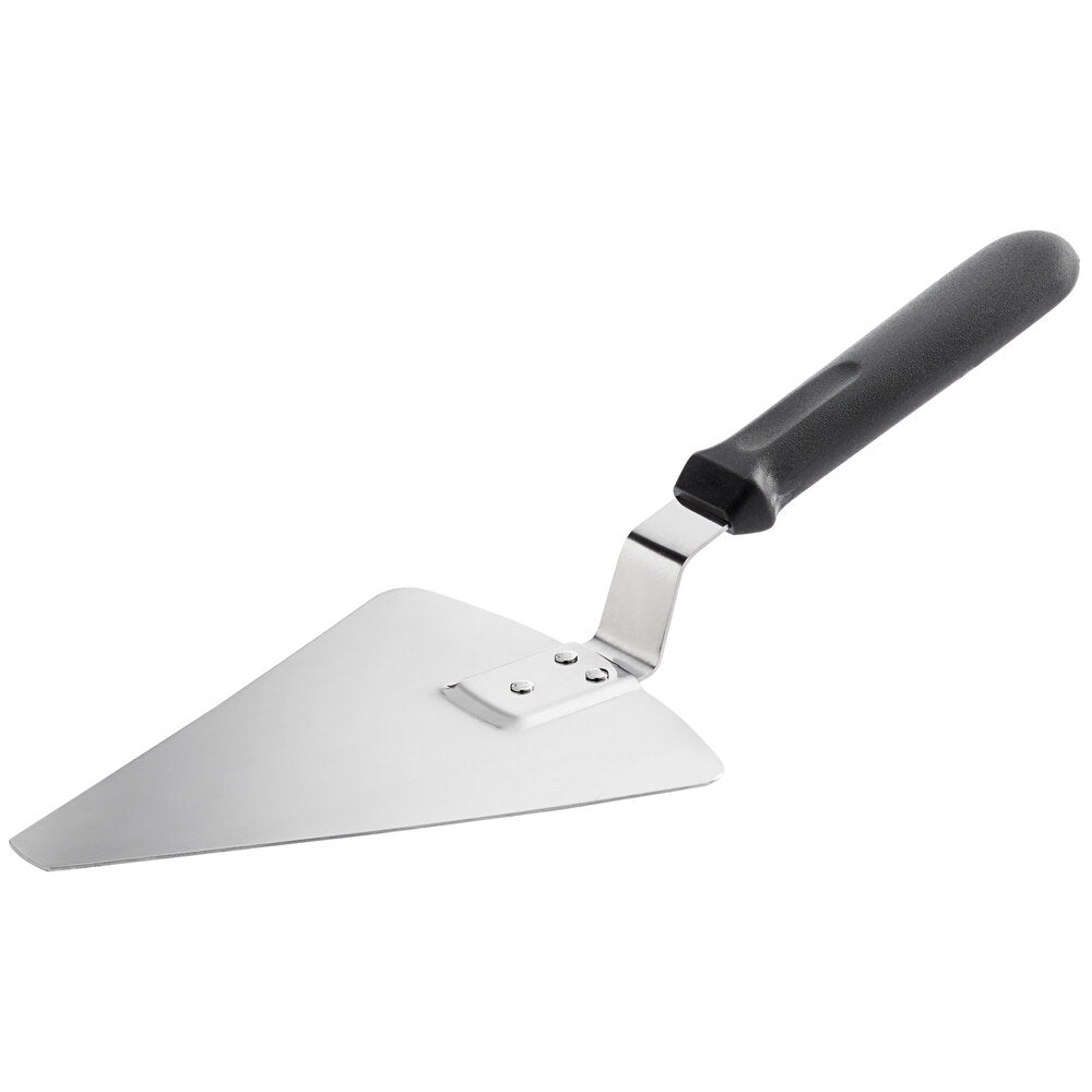 The Essential Accessories Package by Chicago Brick Oven includes a stainless steel slice server featuring a pointed triangular blade and an ergonomic black handle. The blade is securely connected to the handle with a metal bracket, making it perfect for serving flawless slices of pie or cake.