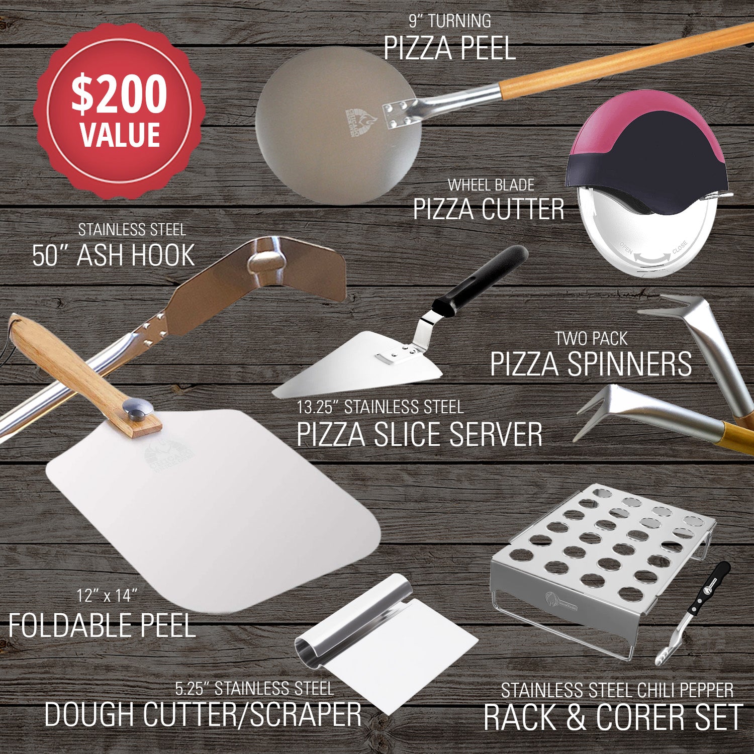 The Enthusiast Accessories Package by Chicago Brick Oven, displayed against a rustic wooden background, includes a 9” turning pizza peel, stainless steel pizza cutter, pizza spinners, 505° ash hook, foldable peel, pizza slice server, dough cutter/scraper, and a steel chili pepper grilling set with rack and corer.