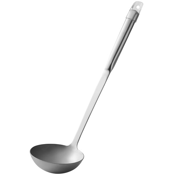 The 4 oz. Stainless Steel 12" Ladle by Chicago Brick Oven is a durable kitchen tool featuring a long handle and a deep bowl, perfect as a buffet serving utensil. A convenient hole at the end of the handle allows for easy hanging storage. The ladle is positioned diagonally across a white background.