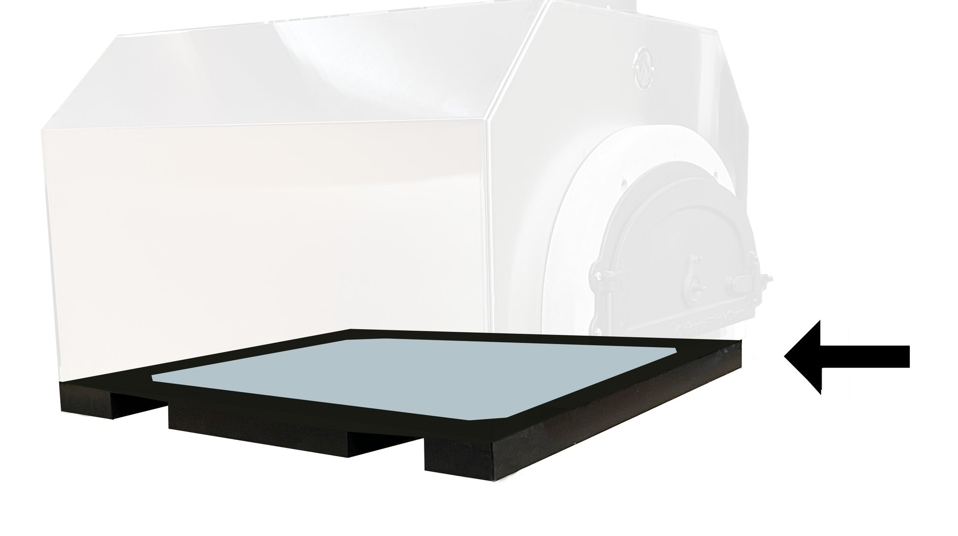 A 3D rendering of a large, rectangular, black pad identified as the "500 CT Box/Tray" by Chicago Brick Oven is situated in front of a partially visible white and gray industrial machine. A black arrow pointing to the right edge of the pad suggests emphasis or direction. The background is white.