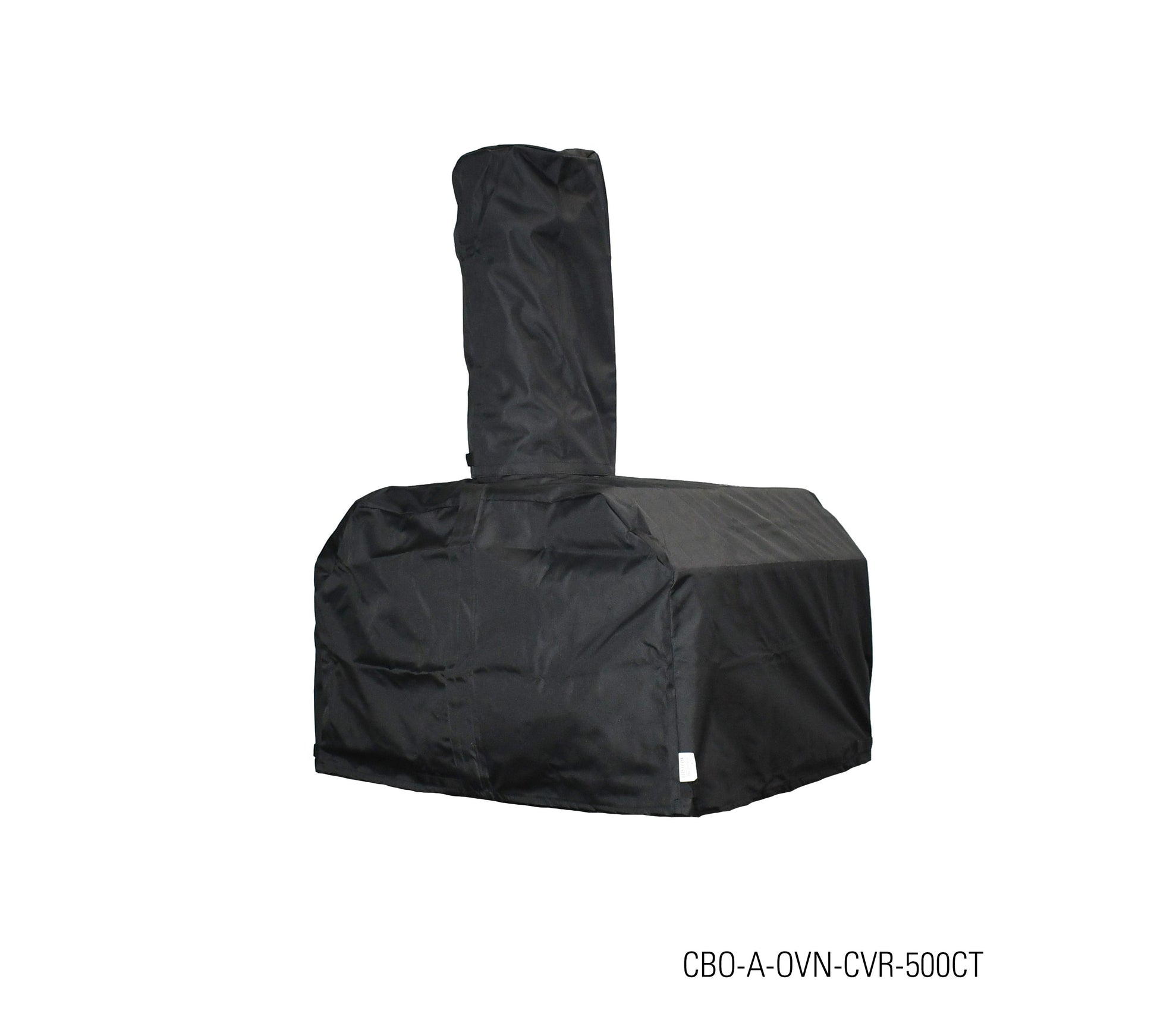 A black, water-repellent cover designed for a pizza oven with a tall chimney. The rectangular Heavy-Duty Outdoor Cover for CBO Countertop Ovens by Chicago Brick Oven fits snugly over the oven and chimney, providing protection from the elements. The text "CBO-A-OVN-CVR-500CT" is shown at the bottom right corner of the image.