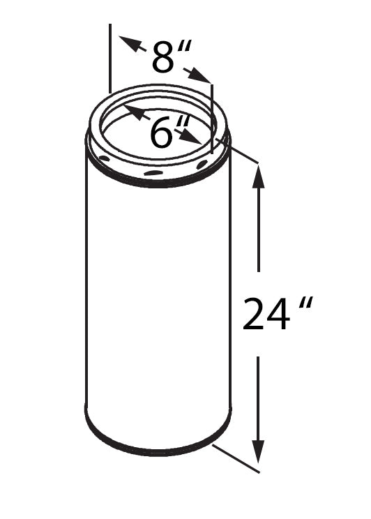 A black-and-white diagram of a cylindrical stainless steel flue pipe, labeled as the DuraVent #6DT-24SS 6'' Flue Pipe from Chicago Brick Oven, with specific dimensions indicated. The height is labeled as 24 inches, the outer diameter is 8 inches, and the inner diameter is 6 inches.