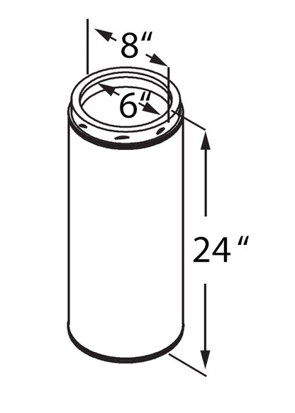 A black-and-white diagram of a cylindrical stainless steel flue pipe, labeled as the DuraVent #6DT-24SS 6'' Flue Pipe from Chicago Brick Oven, with specific dimensions indicated. The height is labeled as 24 inches, the outer diameter is 8 inches, and the inner diameter is 6 inches.