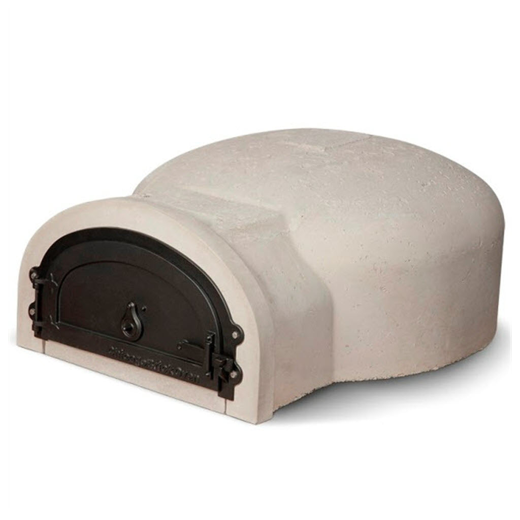 The CBO 750 DIY Kit by Chicago Brick Oven is a beige, dome-shaped wood-fired oven featuring a black metal door with a latch. This oven boasts a rustic, handcrafted appearance and is designed for high-performance cooking, with the door adorned by a small flame symbol emphasizing its purpose. Set against a white background, this popular bundle offers a 38" x 28" cooking surface.
