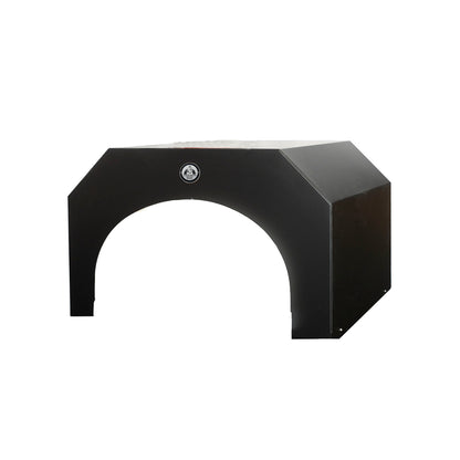 The Chicago Brick Oven CBO-750 Hood is a sturdy and compact black rectangular outdoor pizza oven with an arched opening, featuring a temperature gauge prominently displayed on the top front panel.