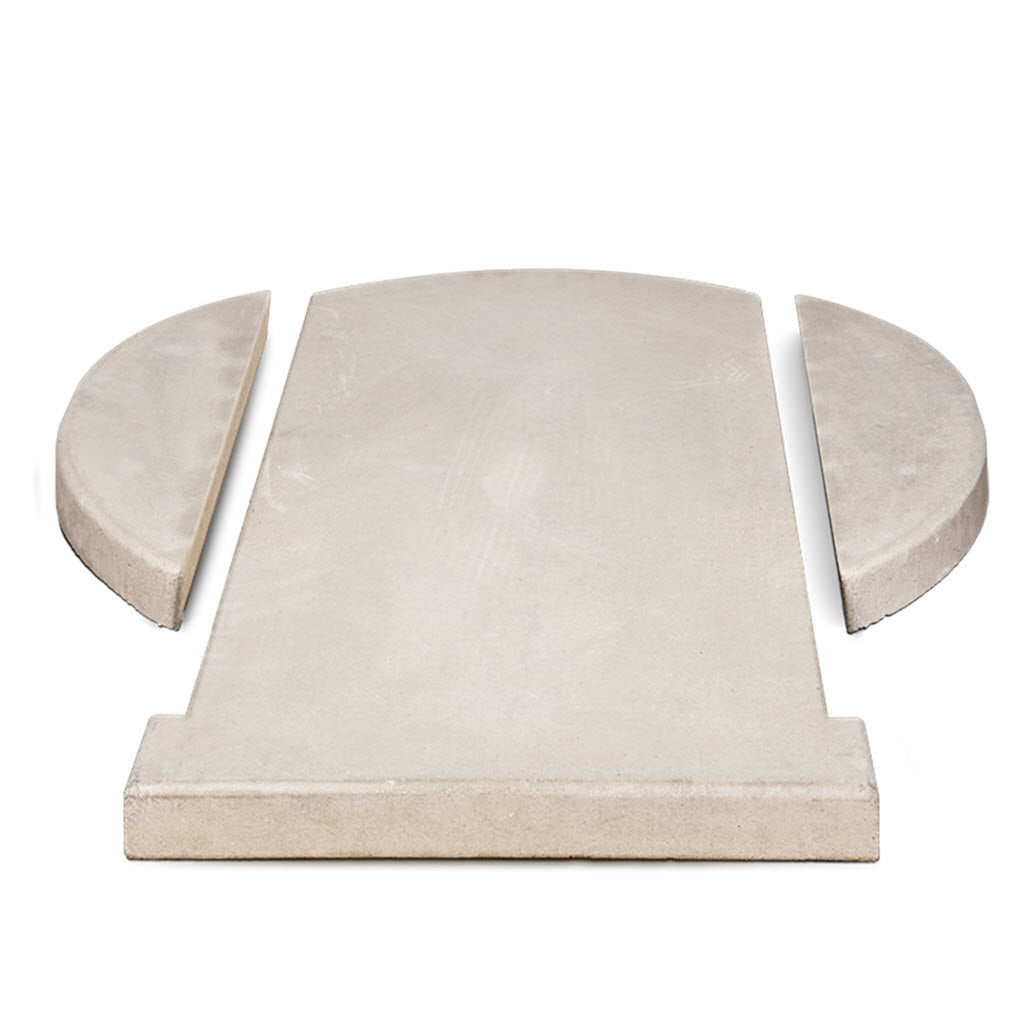 An image of the CBO 750 FULL Hearth by Chicago Brick Oven, featuring a beige stone block with a rectangular main section and two half-circle pieces next to it on each side. The stone appears smooth and flat, ideal for construction or landscaping purposes.