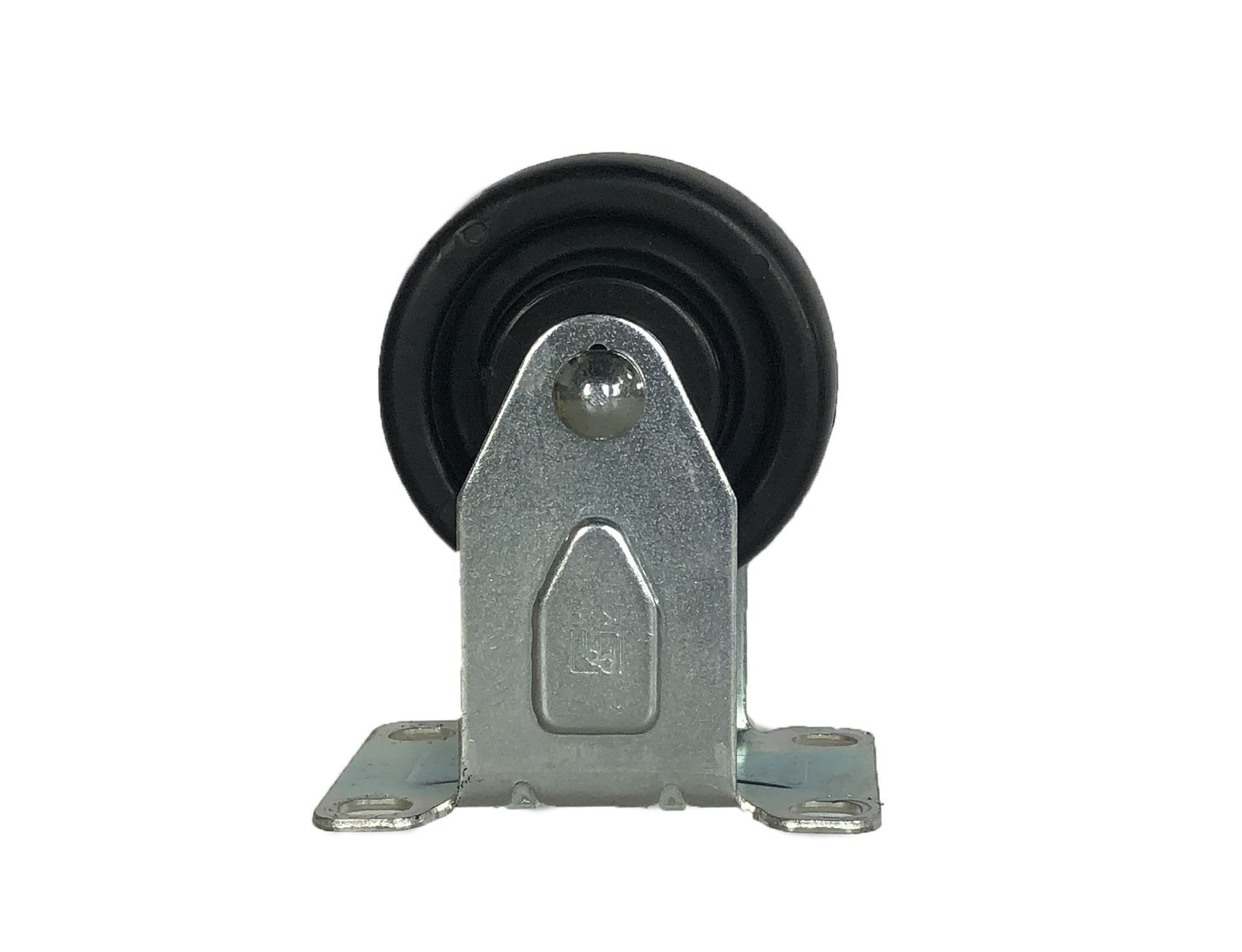 One component of the 750 Mobile Caster Set by Chicago Brick Oven, a black swivel caster wheel with a metal mounting bracket, is positioned on a white background. The bracket features four mounting holes for screws or bolts, ensuring secure attachment to various surfaces. The caster appears sturdy and built for heavy-duty usage, making it ideal for a mobile cart.