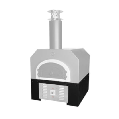 A modern, standalone outdoor pizza oven with a chimney and a rectangular shape, featuring a large arched door and a control panel at the front. The unit is predominantly grey with black trim on the base and comes equipped with a stylish Decorative 3-Piece Metal Oven Skirt by Chicago Brick Oven. The background is plain white.