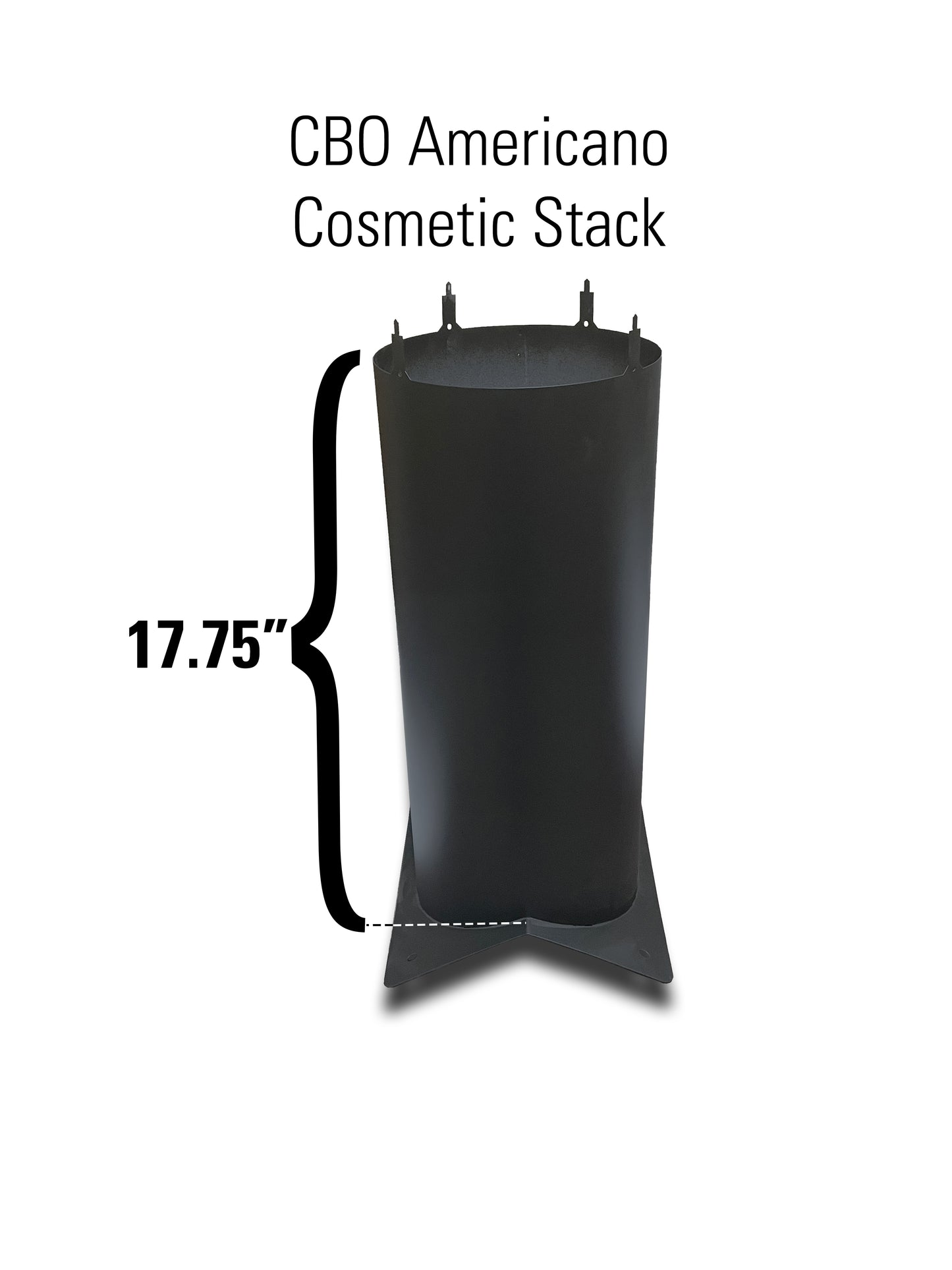 A tall, black, cylindrical object with a conical base is labeled "Americano Cosmetic Stack" by Chicago Brick Oven. The text "17.75”" highlights the height of the cylindrical part, resembling a sleek stainless steel chimney flue. It is set against a white background.