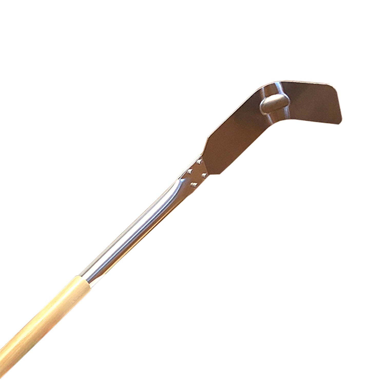 An image of the Chicago Brick Oven Stainless Steel Ash Hook with Wooden Handle (Length 50"). The tool features a stainless steel blade with a slightly angled design for efficient digging or weeding. The light-colored ash wood handle complements the shiny, reflective metal and includes a detachable feature for easy storage and maintenance.