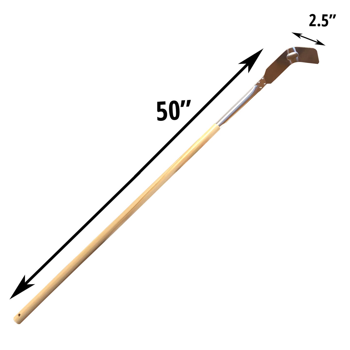 The Chicago Brick Oven Stainless Steel Ash Hook, featuring a detachable 50-inch long wooden handle and a durable stainless steel blade measuring 2.5 inches wide. Arrows indicating dimensions.