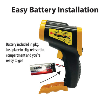 A black and yellow handheld CBO Home Infrared Thermometer Gun with an open battery compartment is shown. A battery, connected by wires, is ready to be placed into the compartment. The text above reads, "Easy Battery Installation," and instructions are written on the left side of the image. Ideal as a Pizza Oven accessory for quick setup.