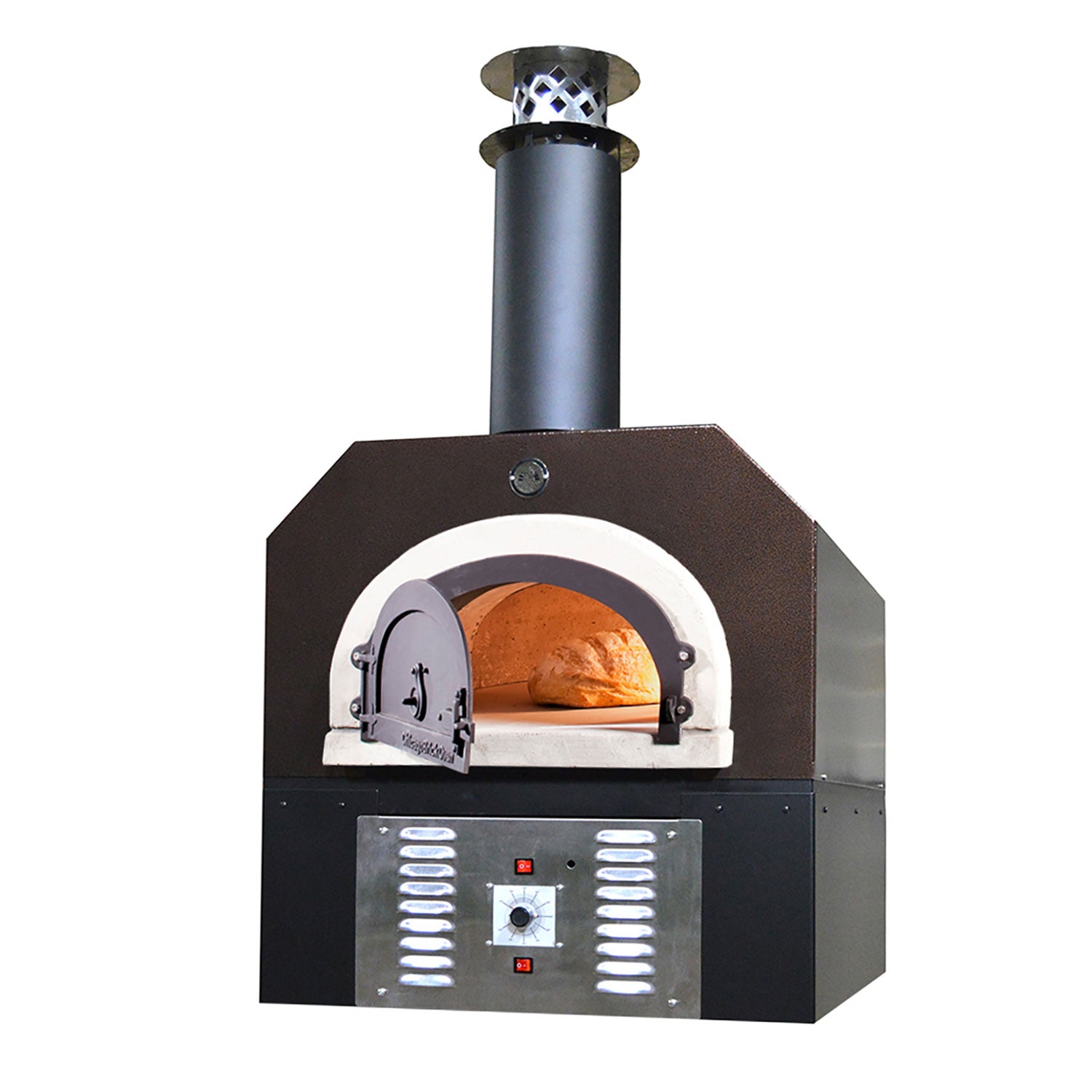 The CBO 750 Hybrid Countertop (Commercial) by Chicago Brick Oven is a black and white outdoor pizza oven featuring a tall chimney. This dual-fuel (gas and wood) oven is baking a pizza, which can be seen through the partly open door equipped with a built-in thermometer. The front panel includes controls with buttons and a knob. Made from commercial-grade refractory cement, it showcases a striking metallic and brick-like finish.