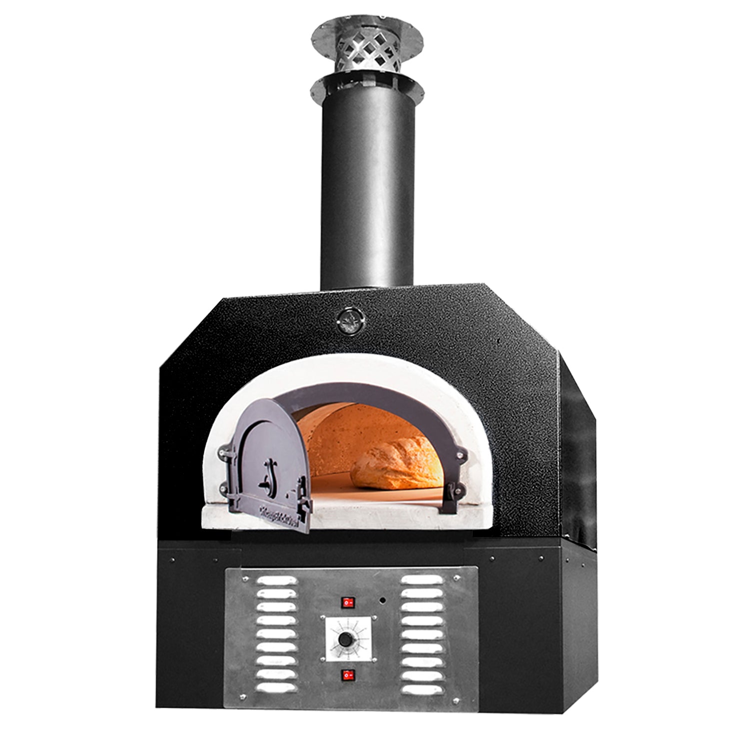 The CBO 750 Hybrid Countertop (Residential) by Chicago Brick Oven, a high-performance black outdoor pizza oven with a chimney, is shown. The oven, capable of wood-burning for authentic flavor and gas for convenience, has its metal door partially open, revealing a pizza being baked inside. The front features a temperature gauge and several control buttons.