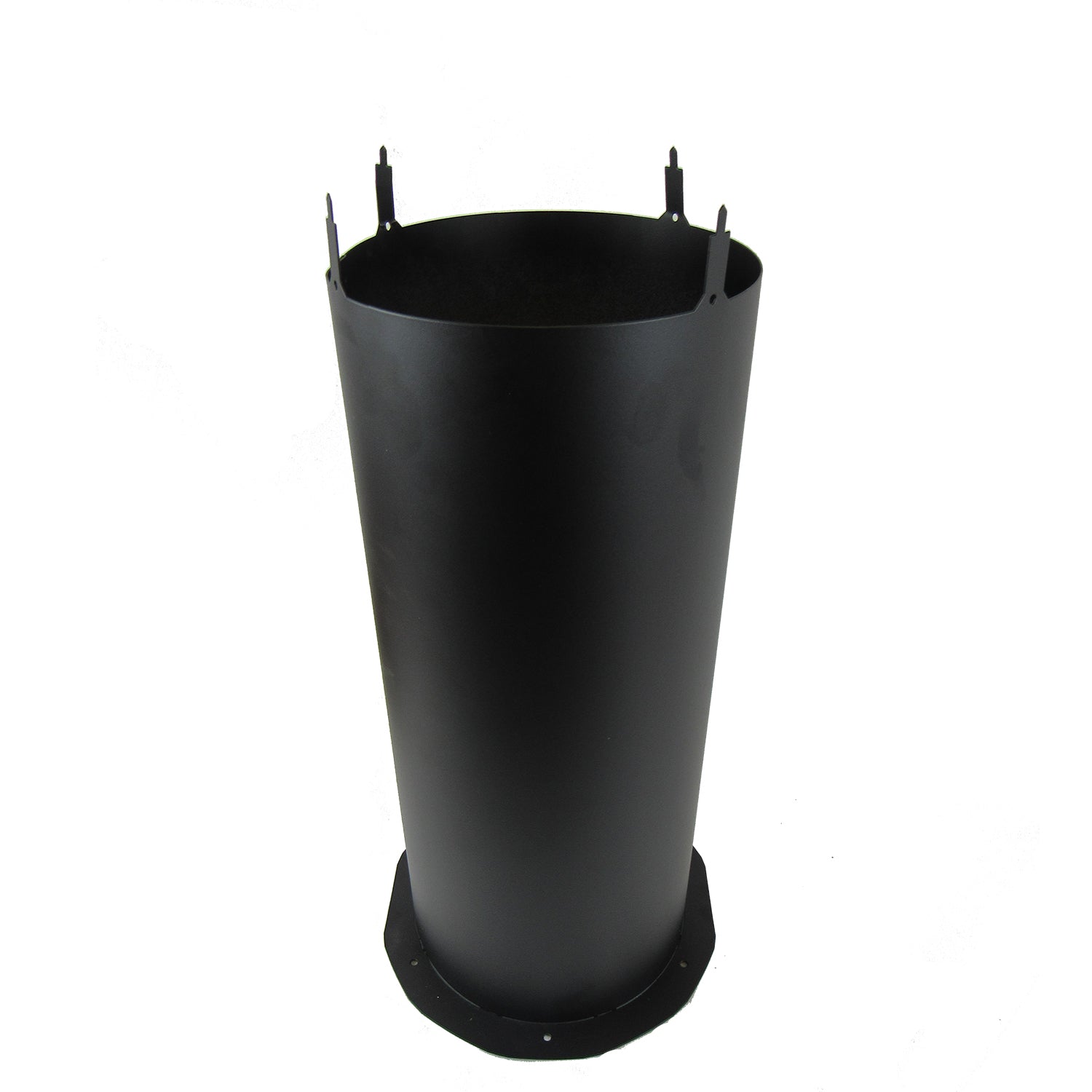 A black cylindrical 750 Cosmetic Stack from Chicago Brick Oven, featuring a flared base and four small protrusions near the top, resembling a stainless steel chimney flue pipe, set against a plain white background.