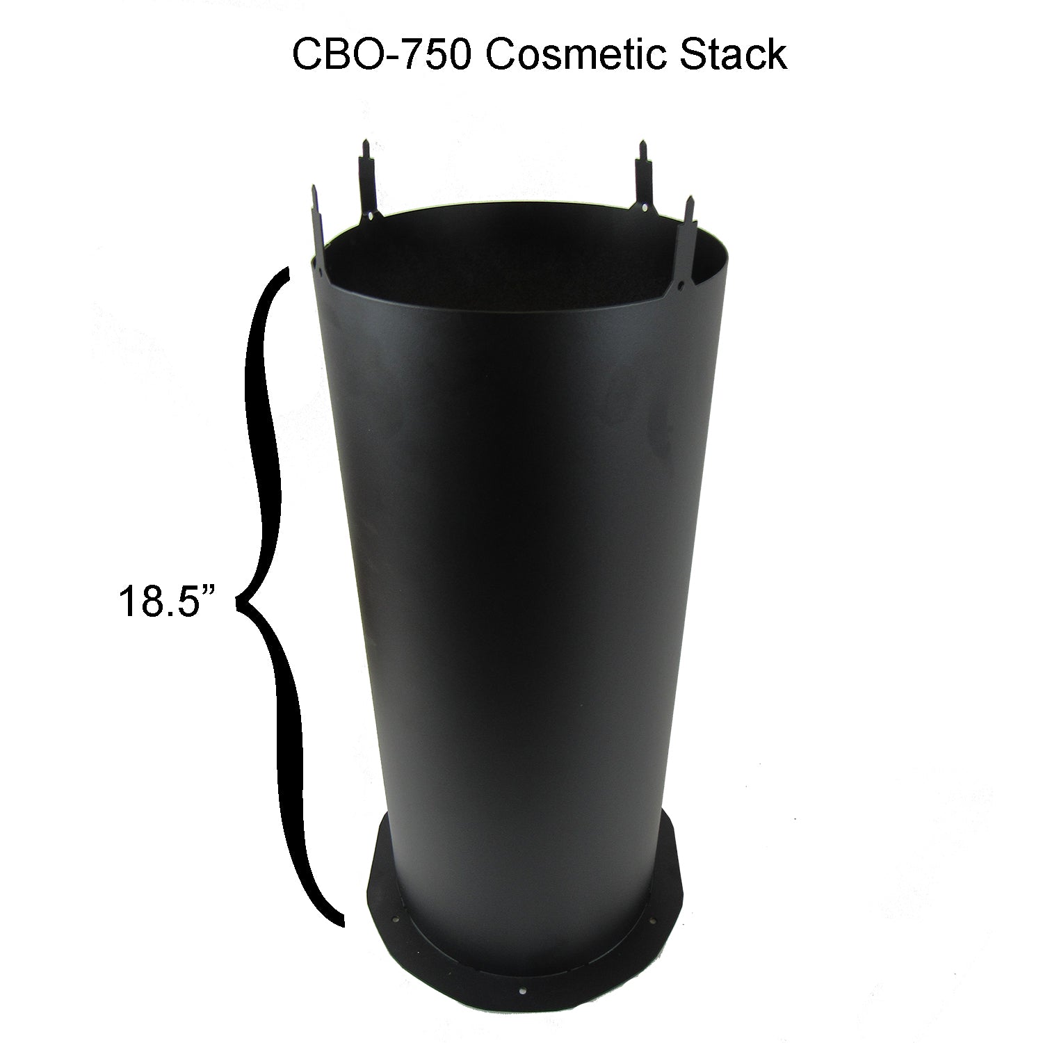 A black cylindrical object labeled "750 Cosmetic Stack" by Chicago Brick Oven with a height of 18.5 inches marked on the side. The object, reminiscent of a stainless steel chimney flue pipe, features mounting brackets at the top and a flared base at the bottom.