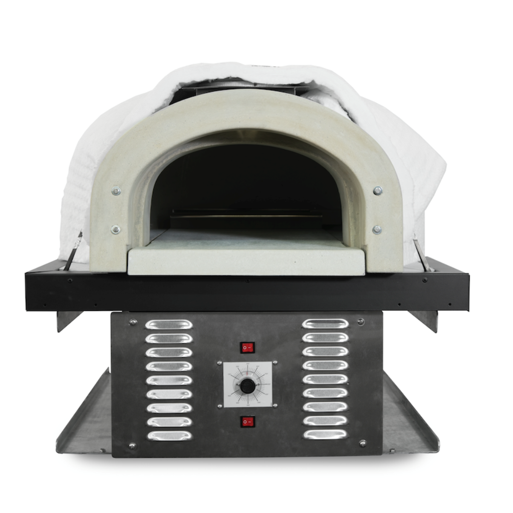 A front-facing view of the CBO 750 Hybrid DIY Kit (Residential) by Chicago Brick Oven showcases its sleek stainless steel exterior, a digital control panel, and an open stone baking chamber. The panel features a temperature dial and indicator lights, while the oven's insulation with refractory cement ensures optimal heat retention for perfect cooking results.