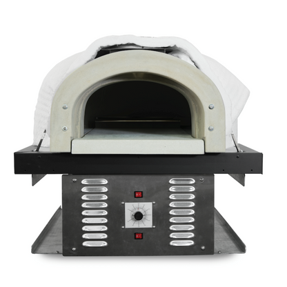 A front-facing view of the CBO 750 Hybrid DIY Kit (Residential) by Chicago Brick Oven showcases its sleek stainless steel exterior, a digital control panel, and an open stone baking chamber. The panel features a temperature dial and indicator lights, while the oven's insulation with refractory cement ensures optimal heat retention for perfect cooking results.