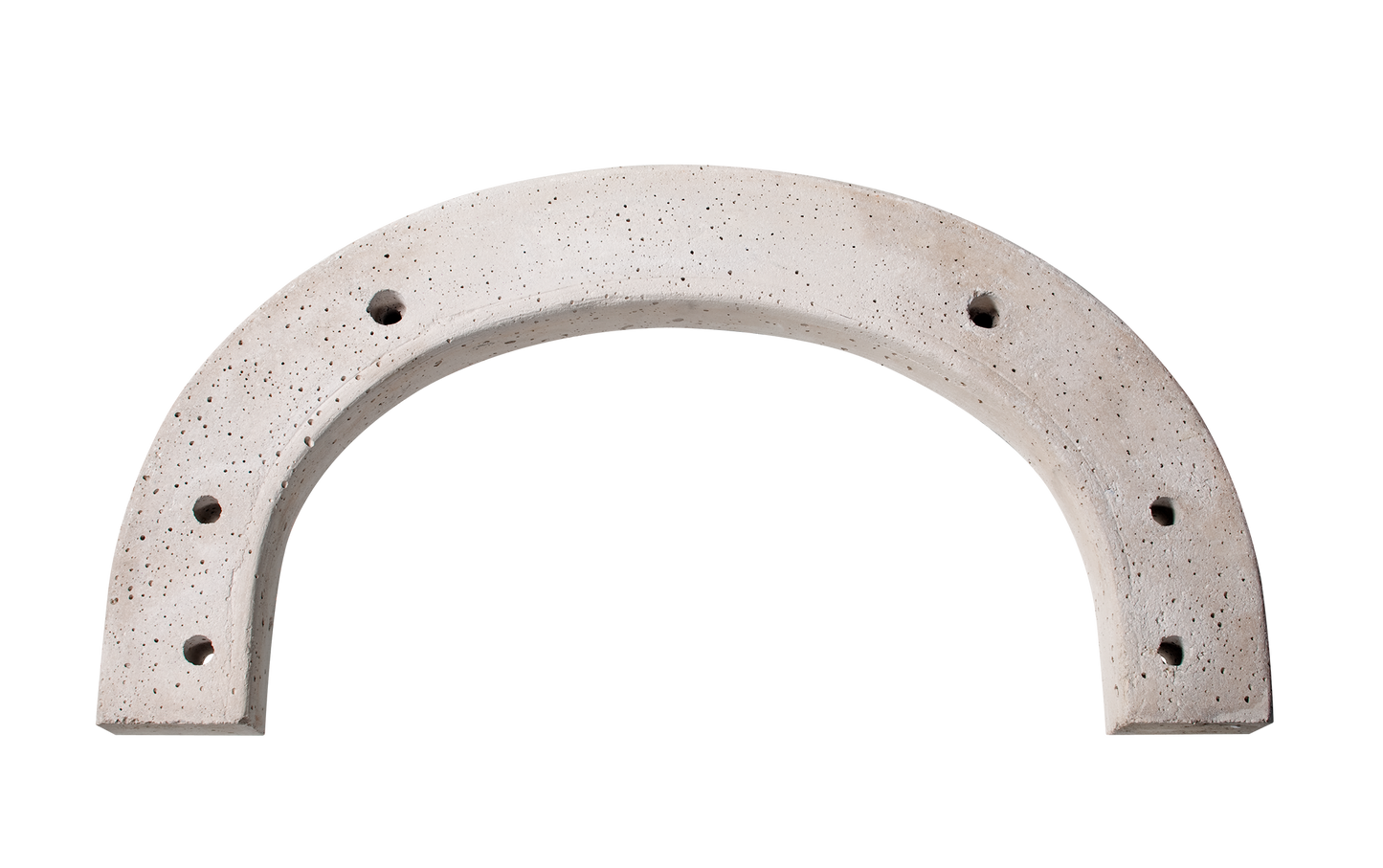 The CBO-500 Arch by Chicago Brick Oven features a rough, textured surface and a slightly curved shape with an opening in the center. It also boasts six evenly spaced holes around its edge, three on each side. This model showcases American craftsmanship, inspired by Chicago Brick Oven designs, set against a transparent background.
