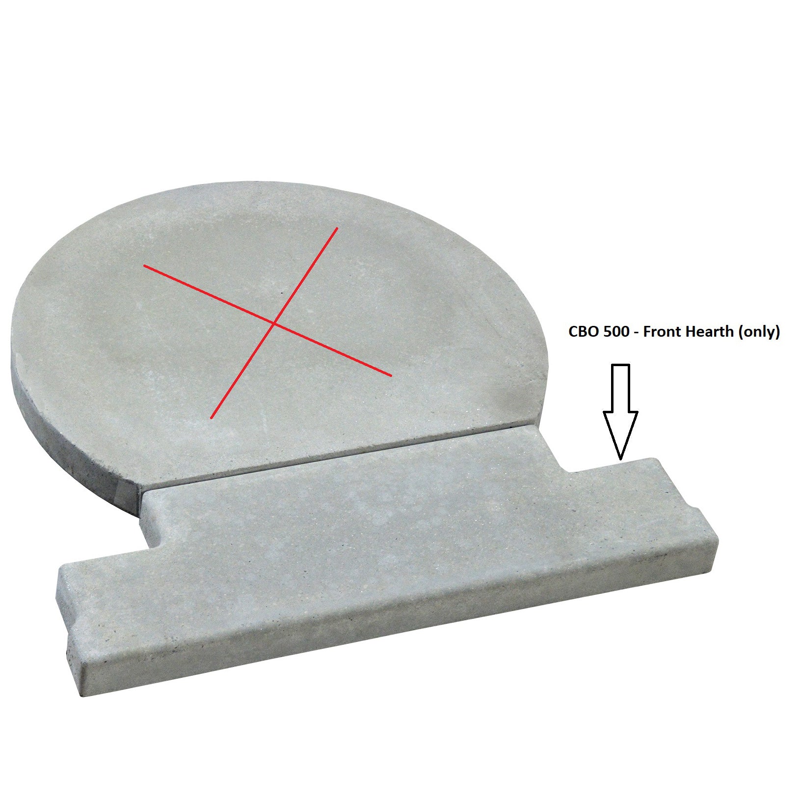 Concrete front hearth component labeled "CBO 500 Replacement Hearth(s) by Chicago Brick Oven." This high-performance hearth consists of a larger circular piece and a smaller rectangular piece, joined together, with a red 'X' across the circular part. An arrow points to the rectangular piece.