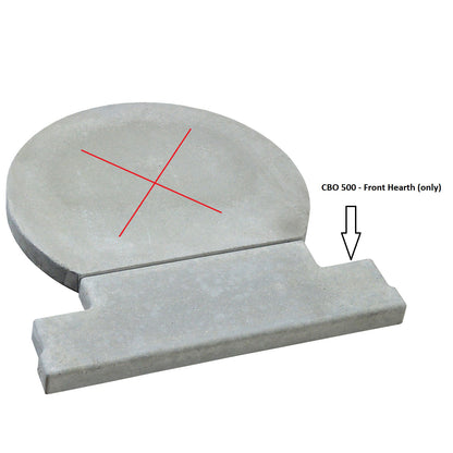 Concrete front hearth component labeled "CBO 500 Replacement Hearth(s) by Chicago Brick Oven." This high-performance hearth consists of a larger circular piece and a smaller rectangular piece, joined together, with a red 'X' across the circular part. An arrow points to the rectangular piece.