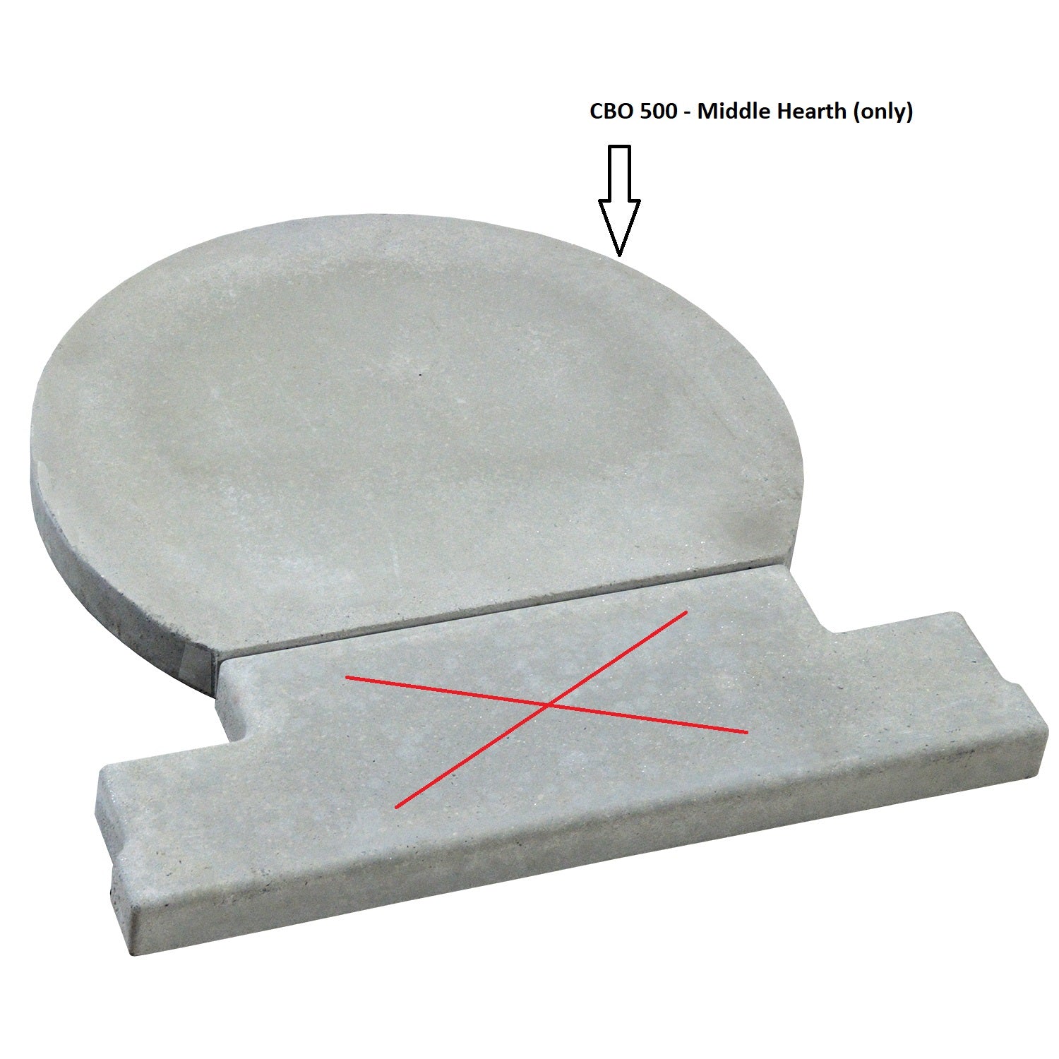 Introducing the Chicago Brick Oven CBO 500 Replacement Hearth, a distinctive gray concrete middle hearth piece designed for the CBO 500 oven. This uniquely crafted hearth features a 2-piece design with a circular end transitioning into an extended rectangular section. It is clearly marked with a red "X" and labeled to highlight the circular portion.