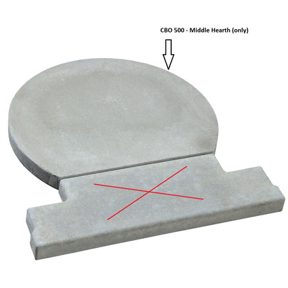 Introducing the Chicago Brick Oven CBO 500 Replacement Hearth, a distinctive gray concrete middle hearth piece designed for the CBO 500 oven. This uniquely crafted hearth features a 2-piece design with a circular end transitioning into an extended rectangular section. It is clearly marked with a red "X" and labeled to highlight the circular portion.