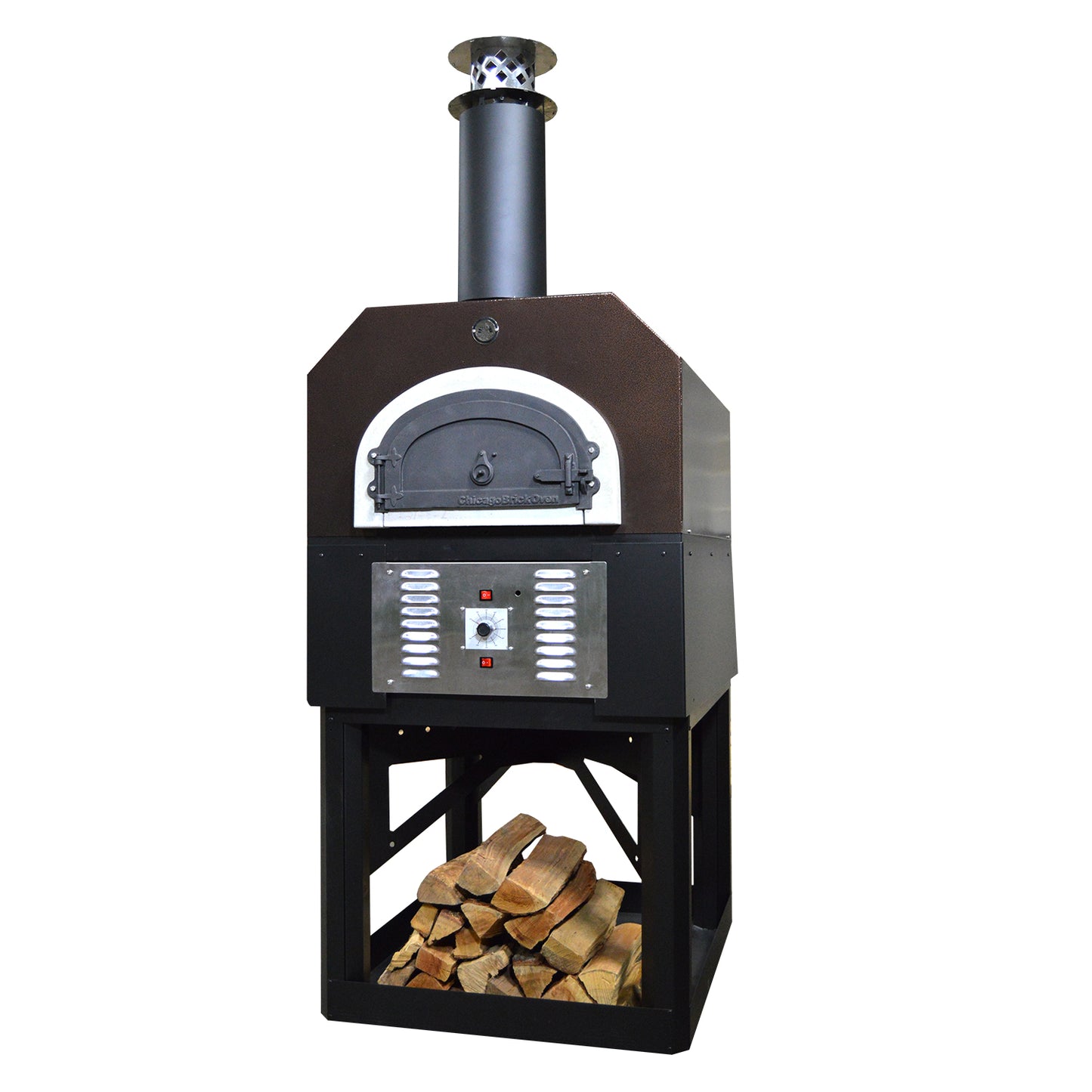 The CBO 750 Hybrid Stand (Commercial) | Dual Fuel (Gas and Wood) by Chicago Brick Oven is a sturdy and functional black outdoor pizza oven featuring a wood-fired design with a chimney on top. It has a front-loading door equipped with a temperature gauge, control knobs, and vent beneath. Constructed from commercial-grade refractory cement, it also includes a handy storage shelf below for neatly stacked firewood.