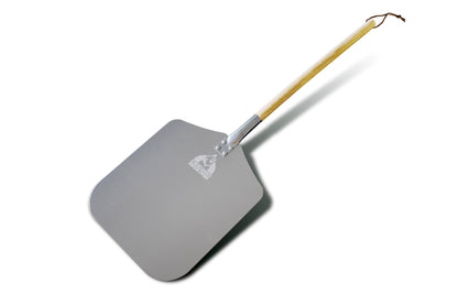 The Chicago Brick Oven Pizza Peel, a 12" x 14" aluminum pizza paddle, features a long, detachable 21" wooden handle and a leather loop for hanging. The rectangular-shaped metal peel has rounded corners and a branded logo near the handle. Background is white.