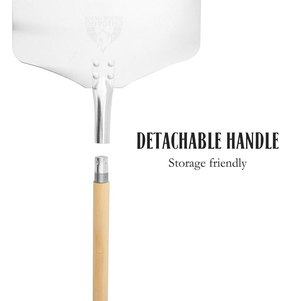 Image of a Chicago Brick Oven Pizza Peel with a detachable 21" wooden handle. The 12" x 14" aluminum pizza peel head is shown separately from the handle to highlight the detachable design. The text "DETACHABLE HANDLE" and "Storage friendly" is displayed on the right side, making it an essential pizza oven accessory from Chicago Brick Oven.