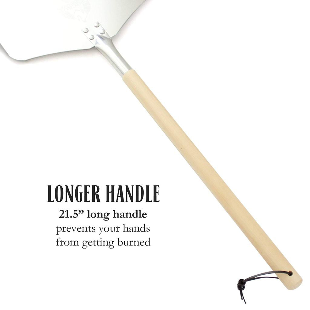 Introducing the Chicago Brick Oven Pizza Peel, a 35.5-inch long aluminum pizza paddle with a detachable 21-inch wooden handle and leather strap for convenient hanging. This metal peel boasts a 12" x 14" flat surface, making it an essential tool among pizza oven accessories for handling pizzas safely without the risk of burning your hands.