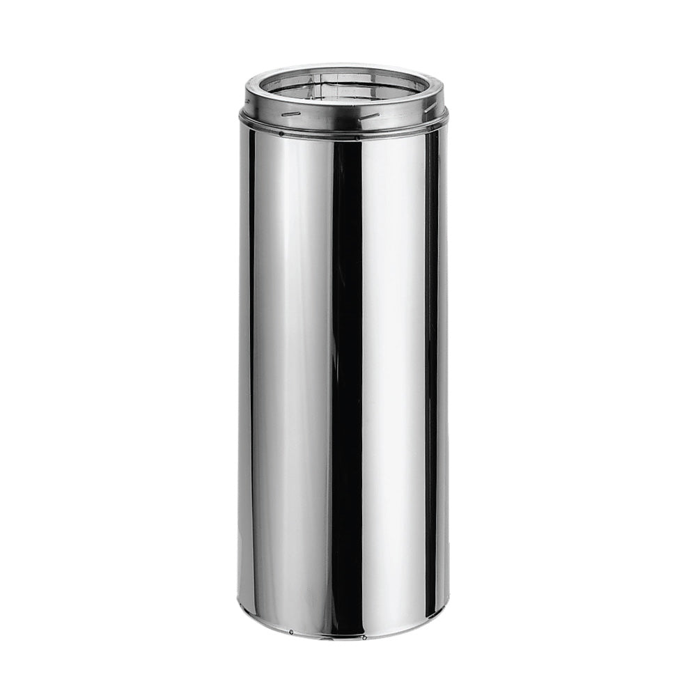 The DuraVent #6DT-24SS 6'' Flue Pipe by Chicago Brick Oven, made of shiny stainless steel and featuring an open top, boasts a smooth, modern design. Resembling an upright cylindrical trash can in its sleek form, it stands proudly empty, showcasing the reflective interior rim at the top.