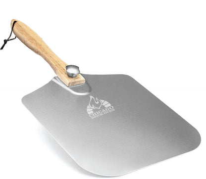 Introducing the Chicago Brick Oven Aluminum Pizza Peel, featuring a 12" x 14" blade with a foldable wooden handle that extends to 25". This ergonomically designed pizza paddle includes a leather cord for convenient hanging. The durable aluminum blade is stamped with the "Chicago Brick Oven" logo and an image of a brick oven, making it the perfect accessory for any kitchen setup.