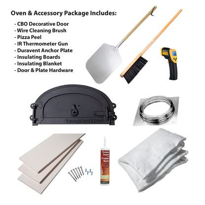 Image displaying the CBO 750 Hybrid DIY Kit (Residential) from Chicago Brick Oven, a dual-fuel (gas and wood) outdoor pizza oven, alongside its accessory package. The package includes a decorative door, wire cleaning brush, pizza peel, IR thermometer, anchor plate, insulating boards, insulating blanket, door & plate hardware, high-temperature mortar and refractory cement. All items are shown individually.