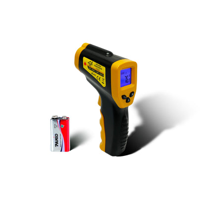 A black and yellow CBO Home Infrared Thermometer Gun, equipped with a blue-lit display showing a temperature of 76.5°F, is positioned on a white backdrop. To the left of the digital food thermometer, there is a 9V battery, making it an essential accessory for pizza ovens.