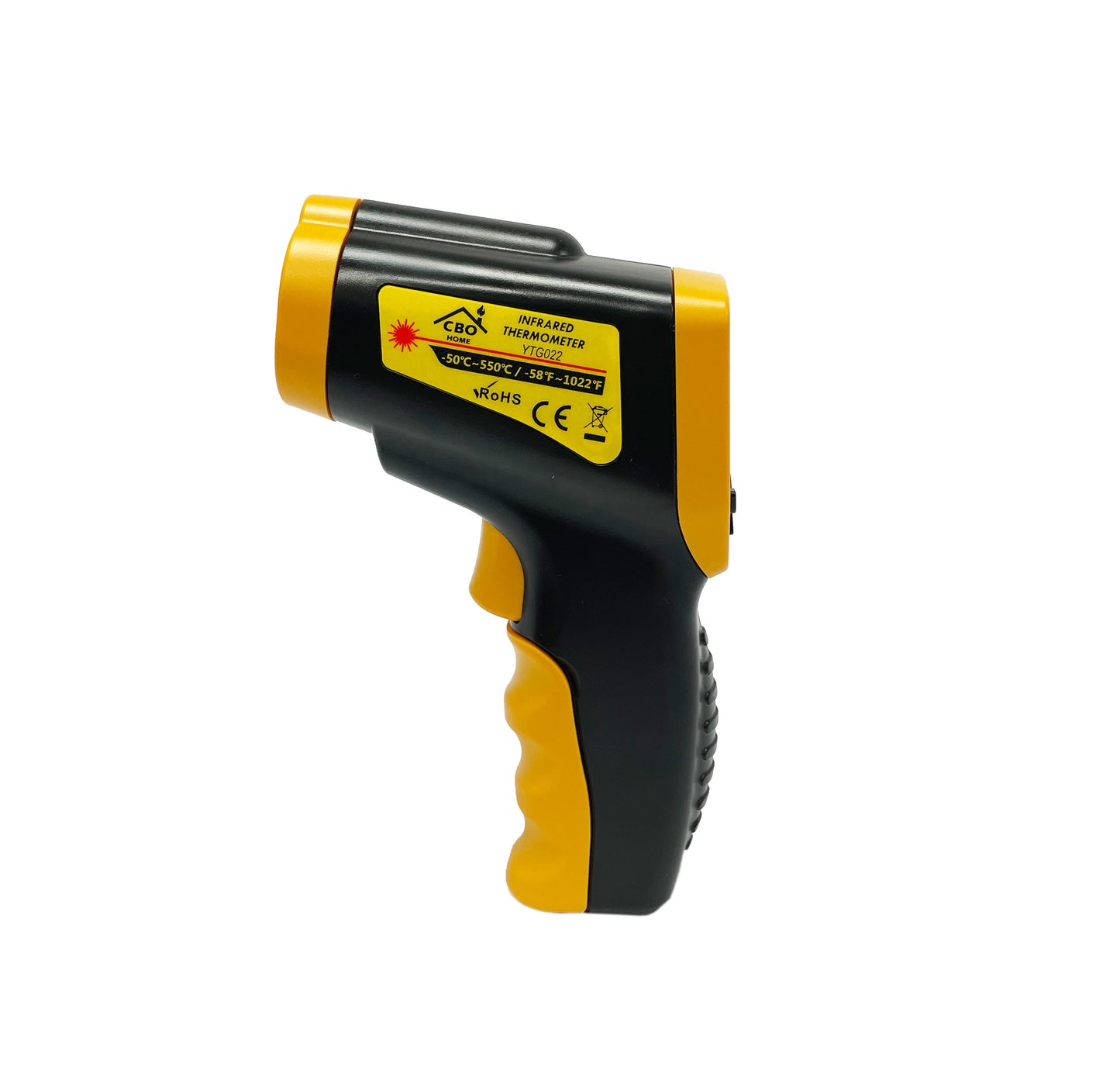 The CBO Home Infrared Thermometer Gun boasts a striking black and yellow design, complete with a digital display and functional buttons on its front panel. Positioned at the top, the label features a laser warning symbol alongside technical specifications, underscoring its extensive temperature range from -58°F to 1022°F. Ideal as an accessory for pizza ovens, this versatile thermometer gun is showcased against a clean white background.