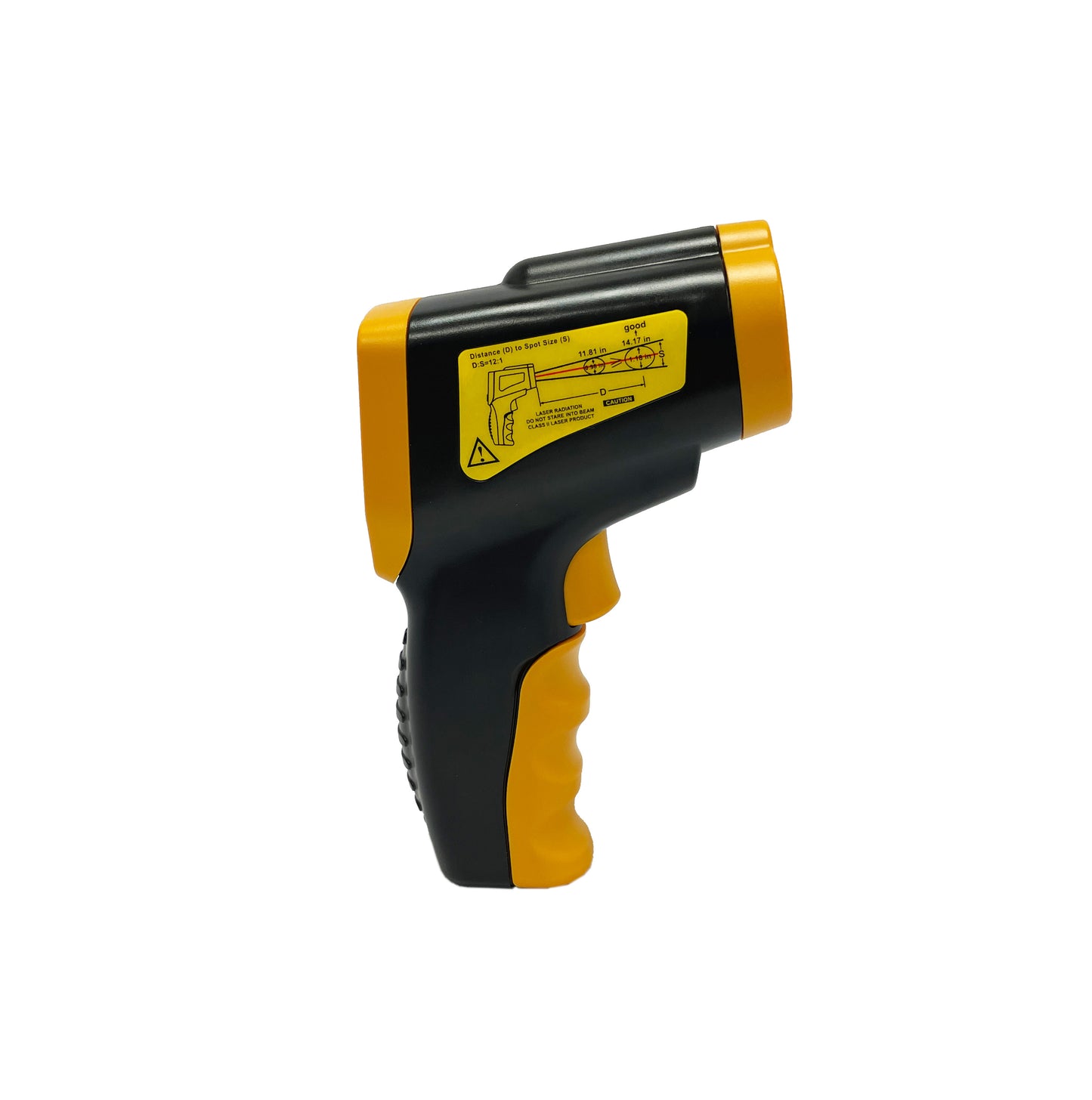 The CBO Home Infrared Thermometer Gun is a digital food thermometer in yellow and black, featuring a textured grip, trigger button, and display screen on top. The side of this handheld device is adorned with instructional diagrams and safety information. Ideal for non-contact temperature measurement, it's the perfect accessory for your pizza oven.