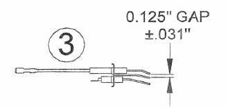 Diagram showing an electrical component, specifically an Ignitor - Spark Electrode for Infra-Red IR Burner by Chicago Brick Oven, with two wires labeled "3," connected by a gap measuring 0.125 inches with a tolerance of ±0.031 inches.