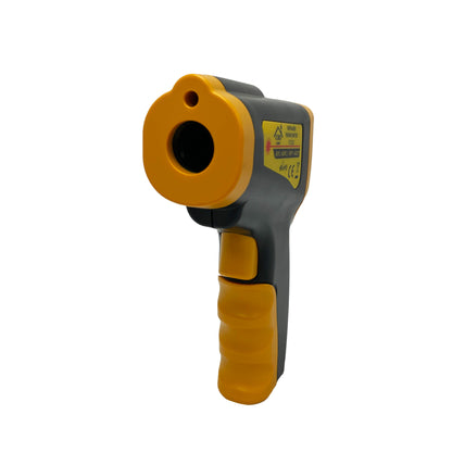 The CBO Home Infrared Thermometer Gun is a handheld device with a yellow and gray body, making it an ideal accessory for pizza ovens. Designed with a trigger grip, it has a label featuring black and red text on the side. The front of the device houses the sensor within a circular opening. It boasts an impressive temperature range from -58°F to 1022°F, offering versatile use across various applications.