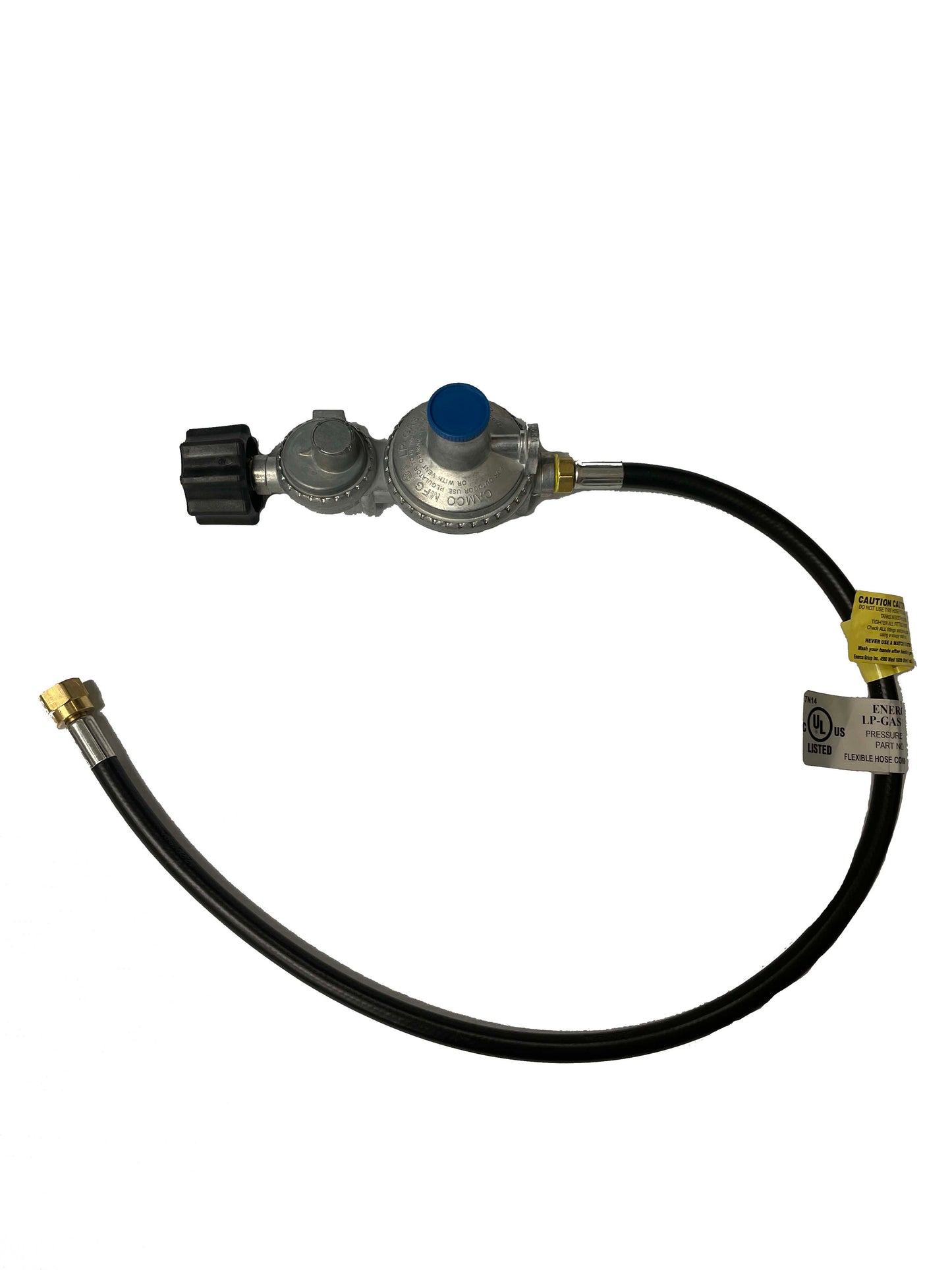 A sleek silver LP Line Set for LP 750 Hybrids from Chicago Brick Oven, equipped with a black hose. One end of the regulator has a black plastic knob, while the other sports a brass connector. The hose is perfect for hose replacement and features yellow and white labels near the brass connector for easy identification.