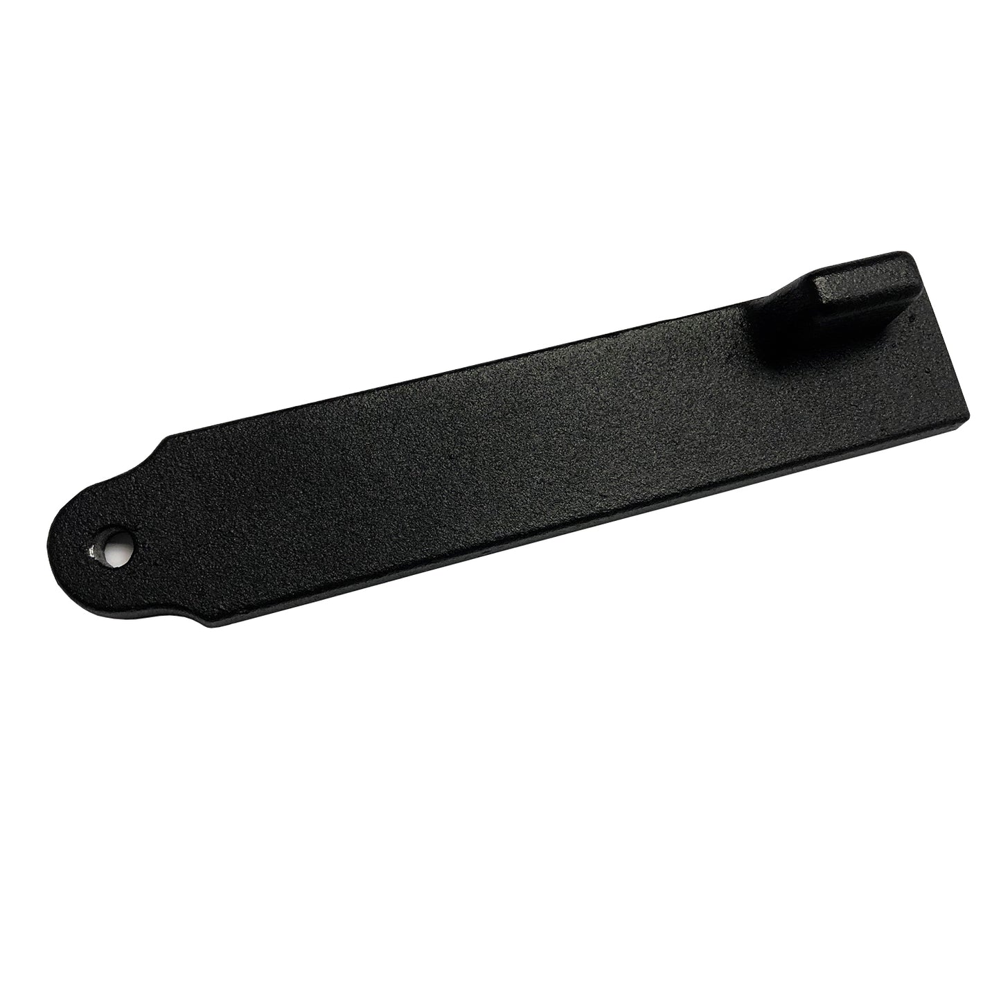 The "Latch" for CBO Decorative Door by Chicago Brick Oven is a black metal bottle opener featuring a rectangular body, a small round hole on one end for hanging, and a protruding hook on the opposite end for opening bottles. Its matte, slightly textured finish effortlessly complements any decorative door aesthetic.