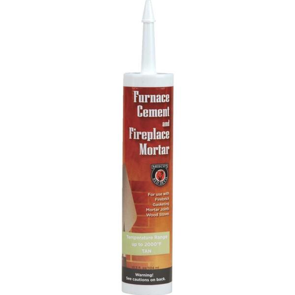 A vertical tube labeled "Meeco's Red Devil Furnace Cement and Fireplace Mortar" from Chicago Brick Oven, featuring an image of a fireplace. It indicates use for firebrick gasketing and wood stoves, with a temperature range up to 2000°F. This multi-purpose cement is tan in color and has a pointed nozzle on top.