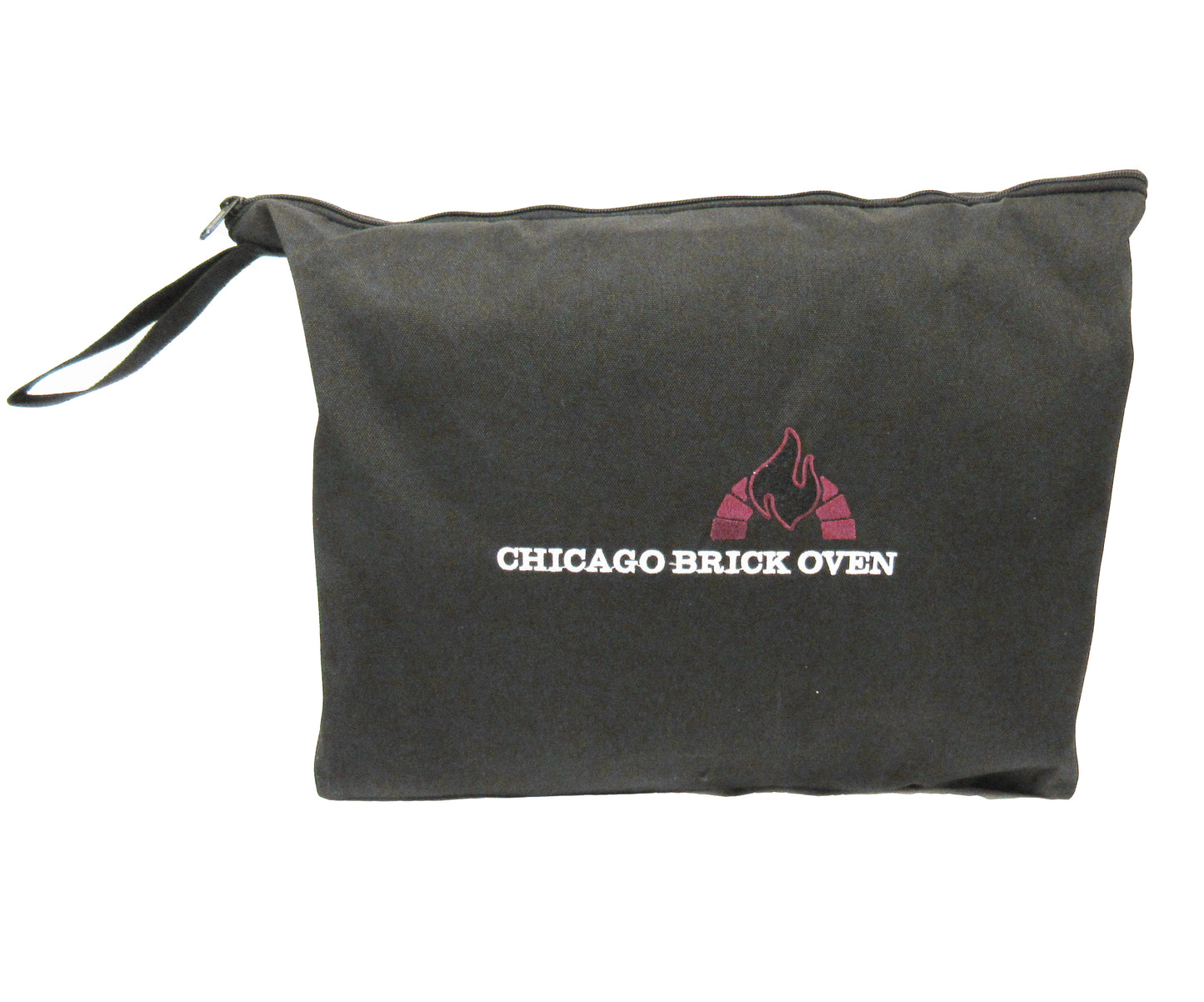 A black zippered carrying case with a small handle, this Heavy-Duty Outdoor Cover for CBO Countertop Ovens features a logo with a stylized flame design and the text "Chicago Brick Oven" printed in white, making it the ideal all-weather protection.