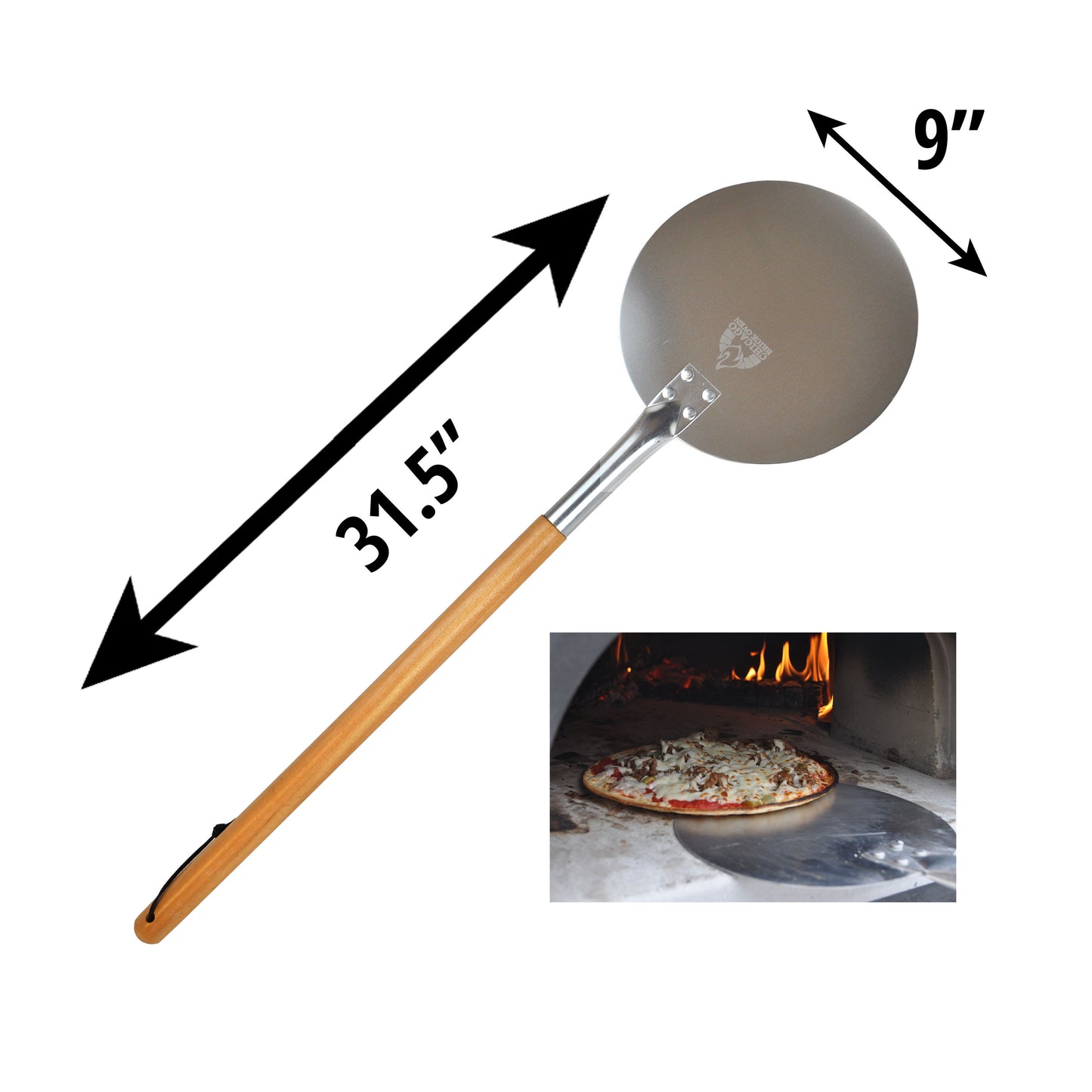 An image depicts the Chicago Brick Oven Aluminum Pizza Peel, which features a 31.5-inch detachable wooden handle and a 9-inch metal paddle with a leather strap. Below it, there's a smaller picture showcasing a pizza being placed into a Chicago Brick Oven using this pizza peel, underscoring its significance as one of the essential tools for pizza makers.
