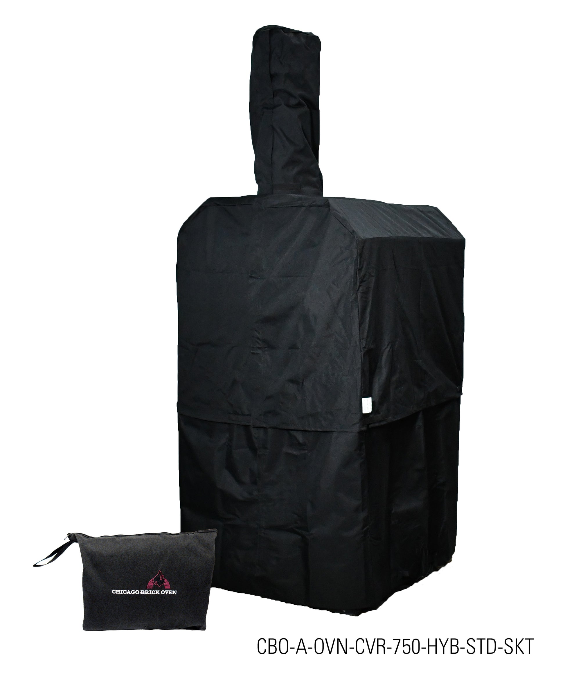 The Heavy-Duty Outdoor Cover for CBO Hybrid Ovens in black from Chicago Brick Oven fully encloses a large oven, including its chimney. This water-repellent, all-weather cover is labeled "Chicago Brick Oven" and comes with a matching black storage bag featuring a zipper and carrying handle, perfect for 750 Hybrid CT/STD models.