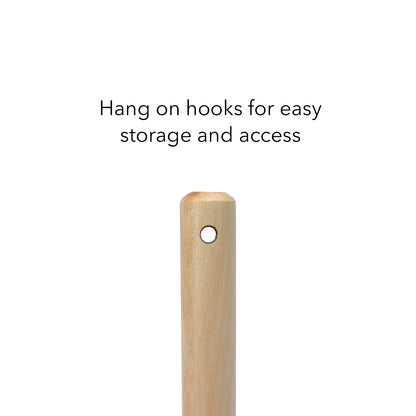 The Aluminum 17.5 inch Pizza Spinner Turning Fork with Wooden Handle and Leather Strap (2-Pack) from Chicago Brick Oven, shown against a plain white background, features a wooden handle with a hole near the top for hanging. The text above the handle reads, "Hang on hooks for easy storage and access." Designed with quality craftsmanship, it's perfect for safely maneuvering pizzas in and out of your oven.